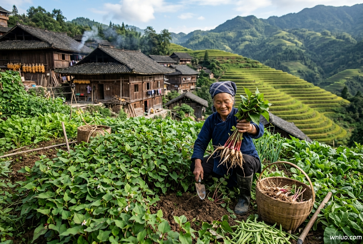 贵州农民在菜园中采摘折耳根