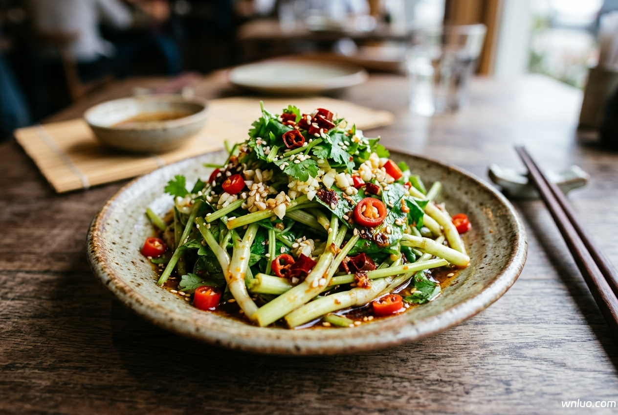 凉拌折耳根成品，色泽鲜亮，配菜丰富