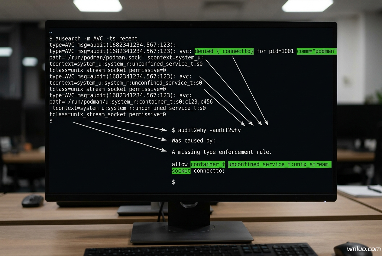 ausearch 与 audit2why 输出的 AVC 拒绝记录终端窗口